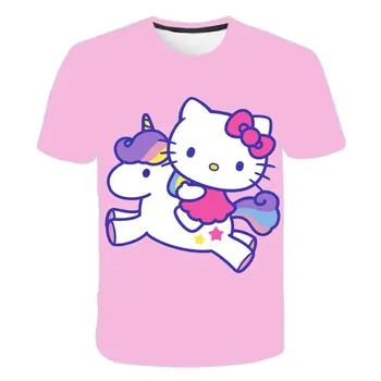 Коте котка тениска дрехи за момичета еднорог, тениска костюм лятото с къс ръкав полиестер деца блузи за момичета розова риза синьо t