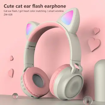Котка Ear Bluetooth 5.0 слушалки LED намаляване на шума момичета, деца скъпа слушалка подкрепа TF Card Джак 3,5 мм Микрофон безжични слушалки
