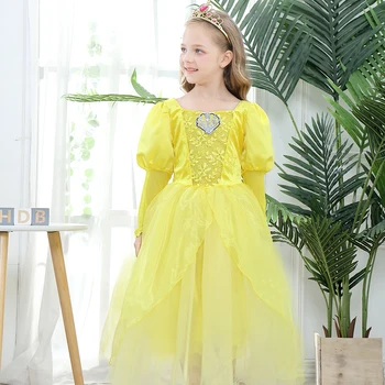 Красавицата и звяра Бел рокля за момиче с дълъг ръкав дължина до глезена принцеса Ариел жълто бална рокля детски костюм за Хелоуин хавлия