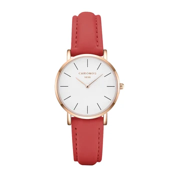 КРОНОС Women стилни прости тънки часовници причинно-следствена кварцов механизъм аналогов рокли ръчен часовник без секунди стрелка Дами Red Clock CH26