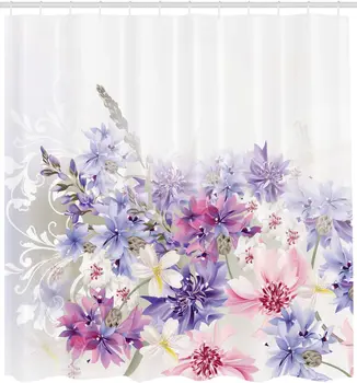 Лавандула душ завеса пастелни Метличина Луксозни класически дизайн от нежни цветя, сватбен дизайн и печат баня декор, определени с плетене на една кука