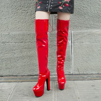 Лачена кожа секси бедрата ботуши на висок ток Зимни платформа червен черен жените над коляното ботуши голям размер 45 48 Дама фетиш към обувки