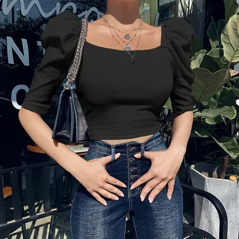 Лейди пролет нова голяма яка Дамски тениски прост мини-топ мода слоеная Половината ръкав тениска бял черен тънък чай Camiseta Mujer