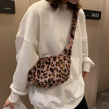 Леопард плюшена чанта за рамо за Жени Есен и зима на мода дами винтидж чанти на жените с голям капацитет чанта