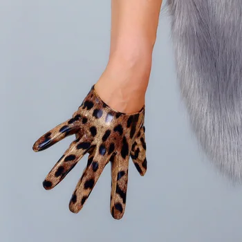 Леопардовые Екстра къси ръкавици 13 см дамски изкуствена кожа ярка лачена кожа кафяв Леопард дамски кожени ръкавици WPU292