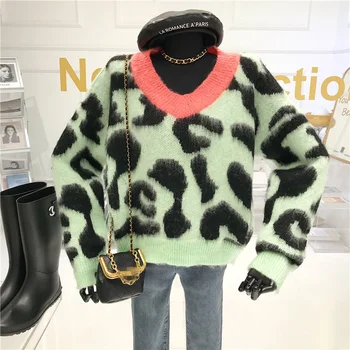 Леопардовый контрастен пуловер с V-образно деколте на жената Есен/Зима 2020 Нова мода ежедневни свободна секси горната мода