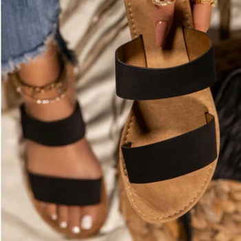 Летни дамски сандали двупластова изкуствена кожа твърди плосък ток гумена подметка Peep Toe плаж открит ежедневни секси дамски Дамски обувки