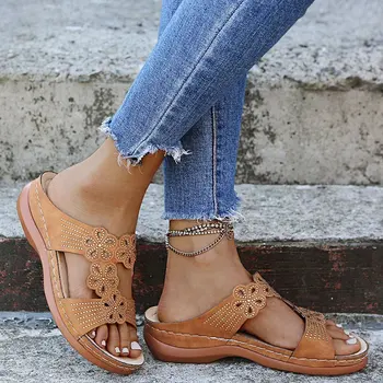 Летни дамски чехли, сандали с танкетке премия ортопедични сандали с отворени пръсти стари мини кожени ежедневни обувки на платформа ретро