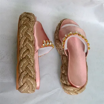 Летни обувки за жени розов син сатен, коприна Crystal декор чехли на платформа клин, високи токчета 2018 Открит прилив на сандали женски