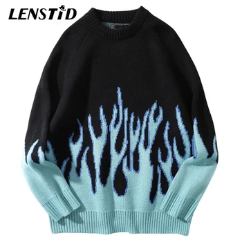 ЛИНСТИД 2020 есен мъже, хип-хоп пламък шаблон стари пуловери градинска Harajuku плетени пуловери ежедневни хип-хоп върховете облекло