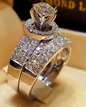 Луксозен Crystal женски голяма Кралица пръстен набор от мода сребърен цвят сватбени и годежни пръстени за жени обещание за любов годежен пръстен