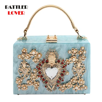 Луксозен акрилни скоростна вечерна чанта съединител за жени перлена диаманти във формата на сърце портфейли женски вечеря чанта