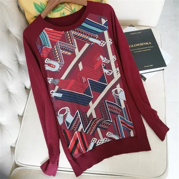 Луксозна дизайнерска марка възли пуловери за жените с кръгло деколте реколта верига печатни коприна Сплайсированный вълнен пуловер вязаный