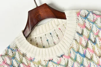Луксозна марка дизайнер възли пуловери за жени реколта O врата жакард контраст цветен каре вязаный пуловер