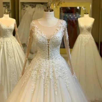 Луксозната Бална Рокля С Дълъг Ръкав На Сватбена Рокля 2020 Кръгъл Отвор Лейси Апликация Перли Дълга Сватбена Рокля Off White Bride Dress