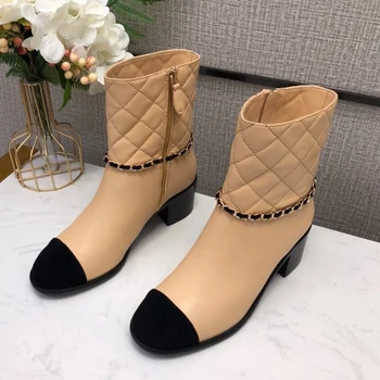 Луксозни кожени обувки с кръгло бомбе есен марката дизайн Дамски обувки с цип на глезените Дамски ботуши 5.5 см