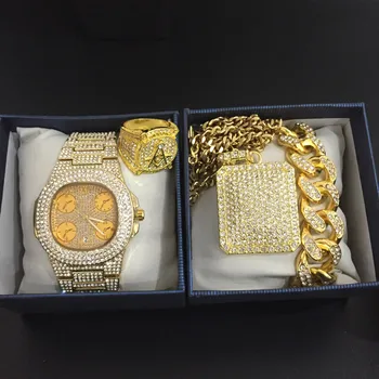 Луксозни мъжки златен часовник и колие , гривна и пръстен Combo Set Ice Out Cuban Гледайте Hip Hop In Crystal Jewelry set For Men