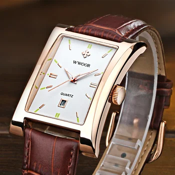 Луксозни мъжки квадратни часовници Top Brand WWOOR Business Sport кварцов часовник Man Waterproof Leather Date ръчен часовник Relogio Masculino