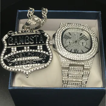 Луксозни мъжки сребърен цвят часовници мъжки бижута стилен часовник и колие Combo GANGSTA окачване Ice Out Cuban колие хип-хоп за мъже