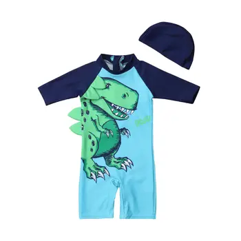 Лятото 2 елемента Baby Kids Boys Sun Protective къс ръкав бански костюми рашгард костюм динозавър бански костюми гащеризон+плавательная шапка