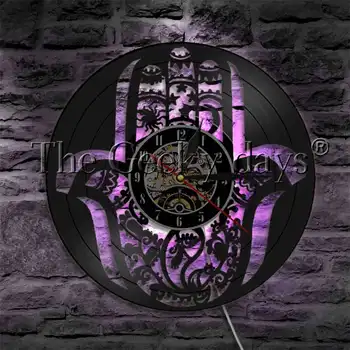 Мандала Хамсия ръчно Vinyl плоча стенен часовник с led осветление LED Light Wall Мандала Evil Eye Wall Watch Art Decor