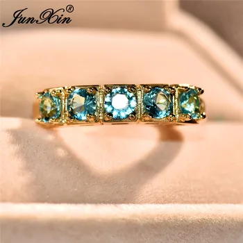 Мил женски бял океана син камък пръстен с Кристал Цирконий 14KT жълто злато-годежни пръстени за жени, луксозни годежен пръстен