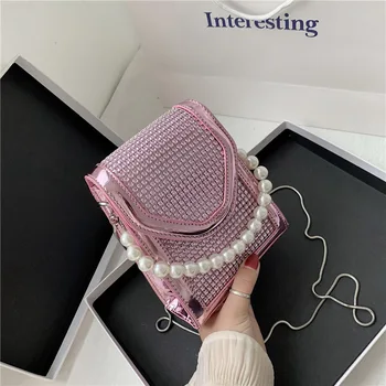 Мини лилаво перли, мъниста чанта за дама 2020 мода верига Чанта дамски сребърни вечерни чанти drop-shipping FTB223