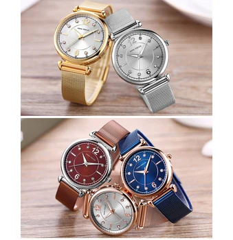 Мини фокус топ марка луксозни кварцов дамски часовник син мрежест каишка Кристал циферблат ултра тънък минималистичен мода елегантни дамски часовници