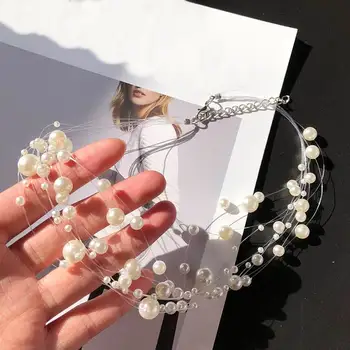 Многослойно сватбена изявление колие дамска мода имитация на перли бижута страна на невидимата линия колиета корейски Макси Колар Бижу