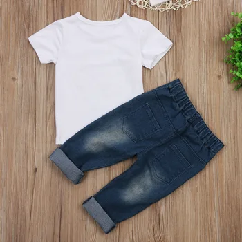 Мода 2 елемента малко дете Baby Kids Boy памучни блузи тениска, дънки дънкови панталони, екипи комплект дрехи