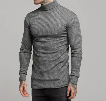Мода висока neck пуловер с дълъг ръкав мъжка спортна риза дъното на фитнес в свободното време, slim fit