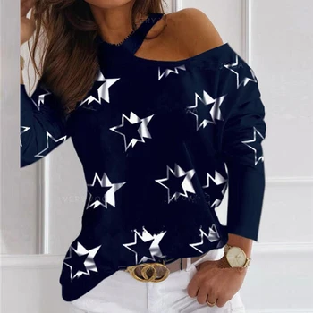 Мода выдалбливают с рамото на жената блуза есен ежедневни пуловер с дълъг ръкав потник дамски елегантни звезди печат риза Blusas 3XL