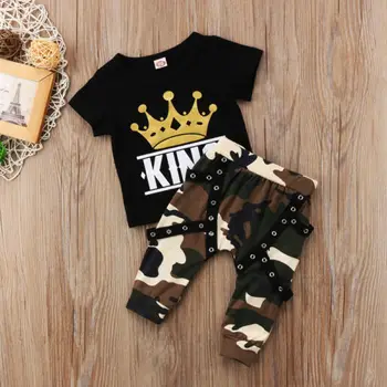 Мода дете деца Baby Boys King Върховете тениска + камуфляжные панталони облекло облекло
