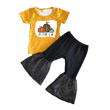 мода деца бутикови дрешки за есента момичета жълта риза и звънец панталони набор от момиче Хелоуин облекло с тыквенным модел