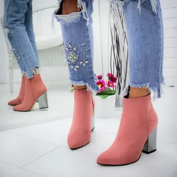 Мода есен-зима жените прости ботуши плътен цвят Дамски обувки страничен цип ботуши от изкуствена кожа дебел ток ботильоны Size35-43