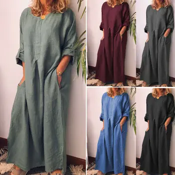 Мода Жените Бохемски Стил Slim Up Maxi Dress Кръгъл Отвор Плътен Цвят Без Лен С Дълъг Ръкав Есен Празнични Рокли Vestidos