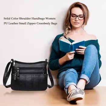 Мода жените обикновен плътен цвят на рамото Messenger чанта ежедневни дамски изкуствена кожа малък цип Crossbody чанта