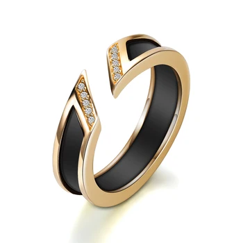 Мода керамични бижута стил на черни и бели керамични цвят розово злато от неръждаема стомана CZ каменни пръстени за жени