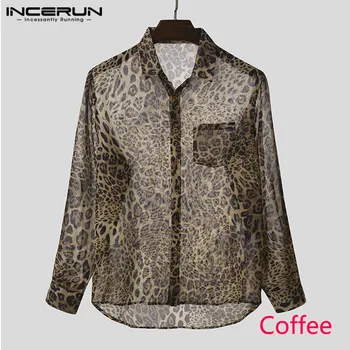 Мода Леопард печатни ризи мъже окото джобове Camisa с дълъг ръкав отличителни бутона Blusas INCERUN види през тънки блузи плюс размер