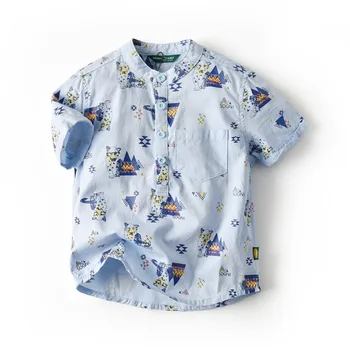 Мода Лято Децата Синя Риза Памук Бельо Риза Момче Свободни Случайни Карикатура Бутон Риза С Къс Ръкав Детски Блузи Облекло