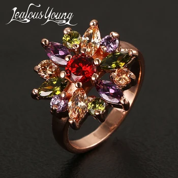 Мода Мона Лиза цвете пръстен с розов цвят злато цветни AAA Циркон сватбени пръстени bijoux за жени AR020