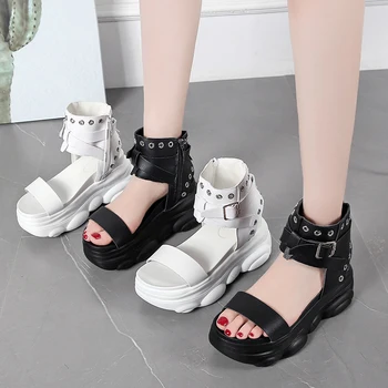 Мода обувки клинове за жени сандали 7,5 см високи токчета летни обувки 2020 Aussures Femme кожени сандали на платформа Бели обувки