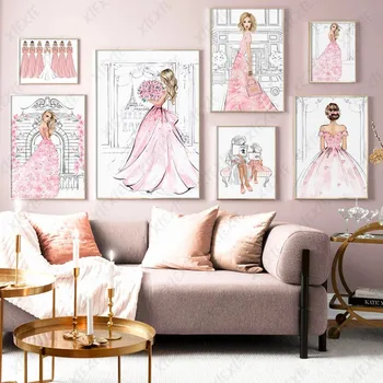 Мода портрет на булката платно Живопис розова сватбена плакат изкуството на тапети занаят печат картина за декорация на дома спални