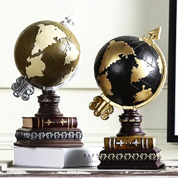 Мода ретро глобус скулптура декор творческо декорация на дома, носталгични занаяти офис настолни часовници миниатюрни статуи на смола часовници