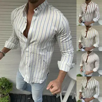 Мода Стилни Мъжки Ежедневни Ризи Slim Fit Риза С Дълъг Ръкав Официално Шарени Блузи Блуза, Луксозни Мъжки Ризи Дрехи