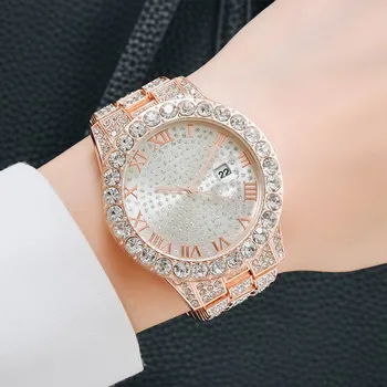 Мода шипове диаманти часовник на жената луксозни кръгли кварцови часовници Ръчни часовници за жени блестящи златни сребърни часовници за Дами подаръци