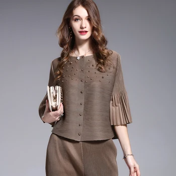 Моден дизайн мъниста жена палто Мияк нагънат 2017 лято свободни тънки корички 3/4 ръкав, къси дамски якета плюс размера на сака C574