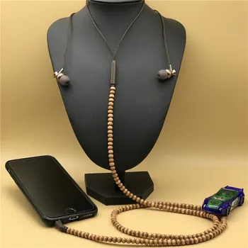 Модерен гривна слушалки дървени мъниста стерео слушалки в ушите намаляване на шума с микрофон за мобилен телефон, Mp3 подаръци