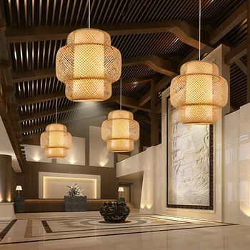 Модерен окачен лампа ратан бамбук дърво лампа E27 лекота хол с трапезария и Начало Декор кафене ресторант реколта закача лампа