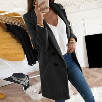 Модерен плътен цвят дамска мода с дълъг ръкав отличителни бутона палто Палто свободни дълги ветровка Русия стил шик якета подаръци